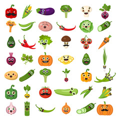 Smiling vegetables set on white background. Cute fresh stickers or decoration for menu, book and more. Healthy lifestyle.