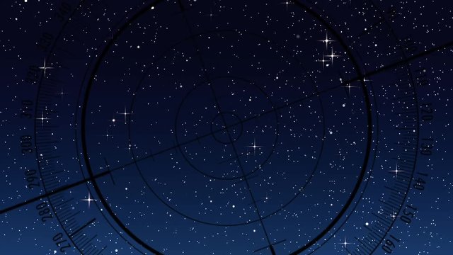 Black compass shape with simulated moving stars in background