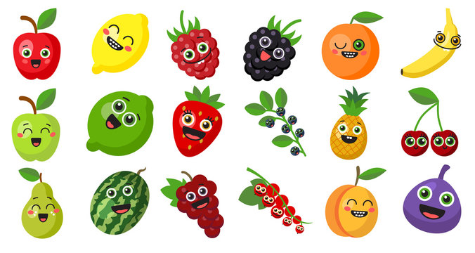 Happy smiling fruits on white background. Cute fresh stickers or decoration for menu, book and more.
