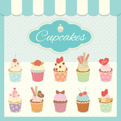 Illustration vector cupcakes menu for cyan bakery cafe shop.