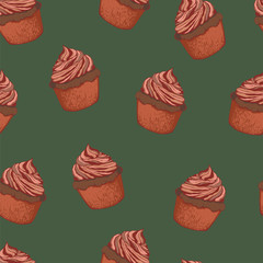 Multicolor seamless pattern with creamy cupcakes on dark green background. Cartoon sketch drawn by ink. Hand drawn vector illustration.