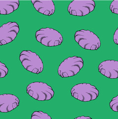 Seamless pattern with pink cookies or meringues on green background. Cartoon sketch drawn by ink. Hand drawn vector illustration.