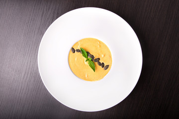 Pumpkin cream soup, top view
