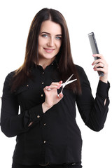 Cute girl hairdresser with scissors and comb, isolated on white