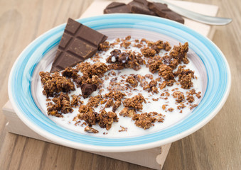 pieces of chocolate dipped in milk from a bowl of cereal