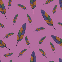 Multicolor seamless pattern with motley feathers on pink pastel background. Cartoon sketch drawn by ink. Hand drawn vector illustration.