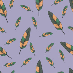 Multicolor seamless pattern with motley feathers on lavender pastel background. Cartoon sketch drawn by ink. Hand drawn vector illustration.