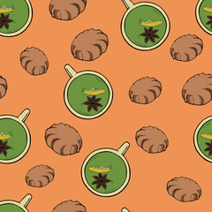 Seamless multicolor pattern with tea cups and biscuits or meringues or marshmallows on pastel background. Cartoon sketch drawn by ink. Hand drawn vector illustration.