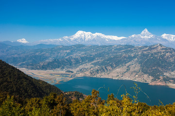 Fototapeta na wymiar View of Phewa lake and Annapurna mountain range