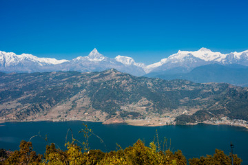 Naklejka na ściany i meble View of Phewa lake and Annapurna mountain range