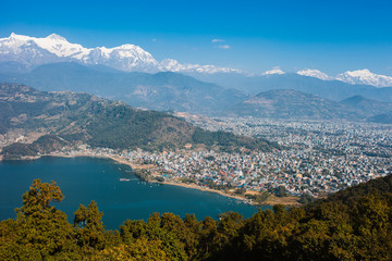 Fototapeta na wymiar View of Phewa lake and Annapurna mountain range