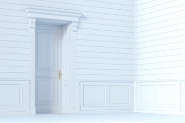 Classic door in the white wooden interior design. 3d render.