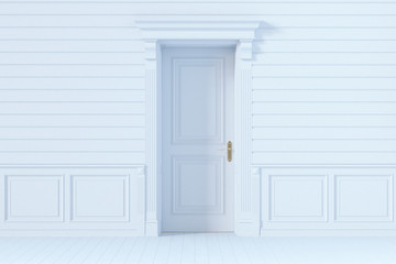 Closed door in white wooden interior. 3d render.
