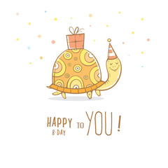 Birthday greeting card with cute cartoon turtle un party hat. Box with a gift. Funny animal. Children's illustration. Vector colorful  image.