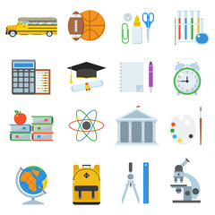 School and college icon set. Basic education elements and objects vector collection. Schoolbag, bus, college building, chalkboard, stationery items. Primary school year equipment and appliances. 