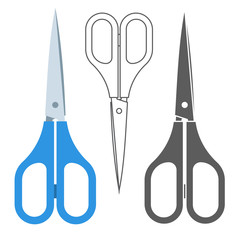 Different style handle scissors set. Flat, outline and monoline scissor icons.