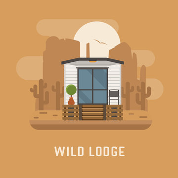 Wild lodge at national park poster. Minimalistic summer house. Modern apartment vector illustration. Scandinavian design home in wilderness area. Europe cabin room exterior. Tourist flophouse image.