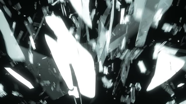Pieces of destructed Shattered glass in slow motion. Alpha matte