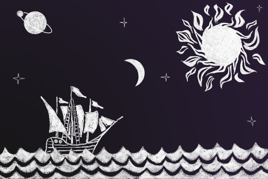 Funny history chalk drawing of Viking ship and stylized compass