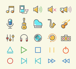 Set of 25 Minimal Solid Line Colored Music Icons. Isolated Vector Elements.