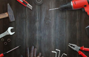 Handyman tools for home repairs. Top view and free space for text. - obrazy, fototapety, plakaty