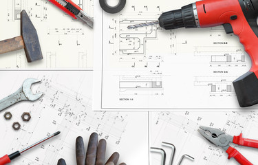 Tools for home renovation and remodeling;. Top view and free space for text.
