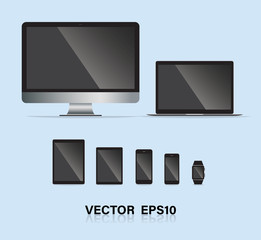 set of computer monitor, laptop, tablet, mobile phones smart phone. Electronic gadget isolated vector illustration