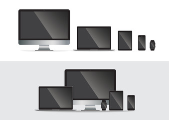 set of computer monitor, laptop, tablet, mobile phones smart phone. Electronic gadget isolated vector illustration