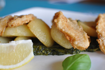 Fish and chips on white plate.