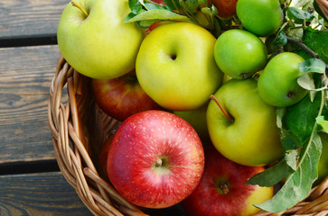 3 Different kinds of apples and the tasty benefits of each.
colorful and various kinds of apples in the basket on wooden background.