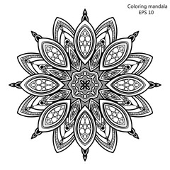Coloring book for adult and older children. page with mandala made of decorative vintage flowers Outline hand drawn © tierre3012