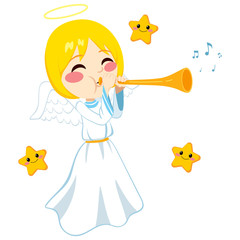 Blonde angel playing music sounding trumpet surrounded by tiny cute stars