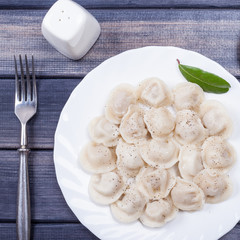 plate of hot meat dumplings on the table, top view square still life