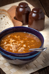 Traditional polish tripe soup with vegetables.