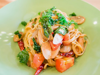 spicy spaghetti with sausages