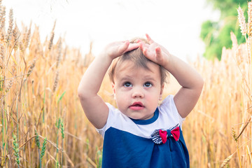 little girl in a dress standing in wheat field and touch the head