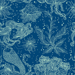 Naklejka premium Mermaid, marine plants, corals and seaweed. Vintage seamless pattern with hand drawn marine flora. Vector illustration in line art style.Design for summer beach, decorations.
