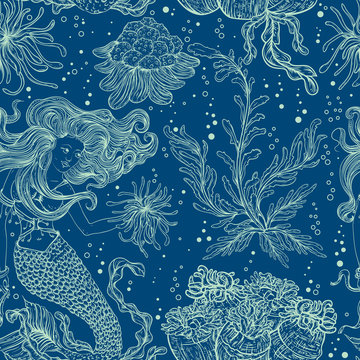 Mermaid, marine plants, corals and seaweed. Vintage seamless pattern with hand drawn marine flora. Vector illustration in line art style.Design for summer beach, decorations.