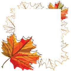 Maple leaves engraved on the colored spot of paint . Background for labels, advertisements,photos, banners and websites.Vector illustration.