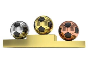 Three gloss soccer balls on golden pedestal. 3D rendering.