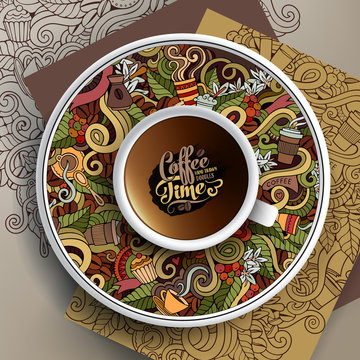 Vector illustration with a Cup and hand drawn Coffee doodles