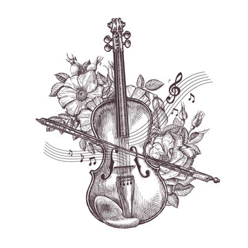 Vintage fiddle. Hand-drawn retro the violin and flowers. Vector illustration