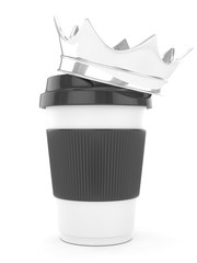 Coffee cup with silver crown on white background. Concept of luxury royal coffee. 3D rendering.