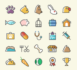 Set of 25 Minimal Solid Colored Veterinary Icons. Isolated Vector Elements.