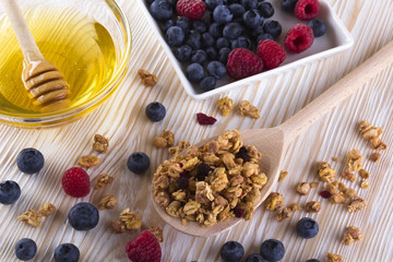 Muesli with fresh berries and honey.
