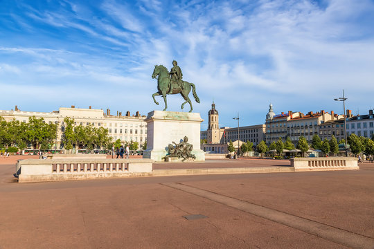 Lyon, France. The bronze equestrian statue of Louis XIV in the center of Place Bellecour, 1825