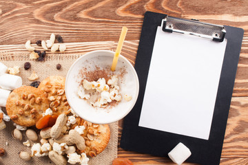 Coffee with marshmallows on the boards.