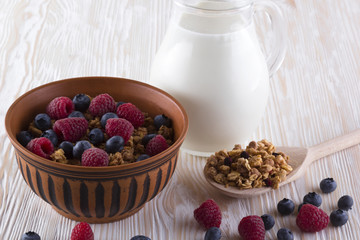 Muesli with fresh berries and milk.