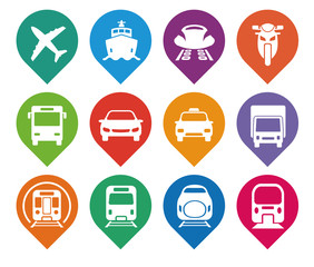 various transportation icon set, including cars, trains, subway, monorail, linear motor car, airplane, ship, motorcycle