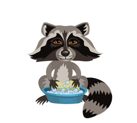 Vector funny raccoon washing linen